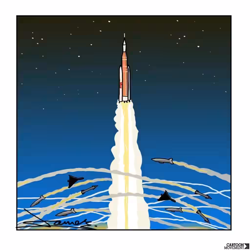 Cartoon showing the Artemis II rocket launching, and rising above other missiles that are not launched towards the moon, but towards each other.