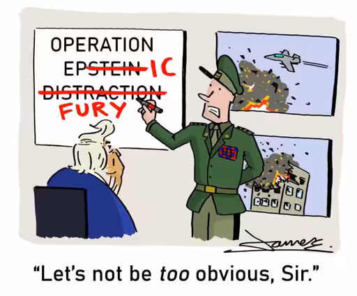 Cartoon showing a general standing in front of a board with the text 'Operation Epstein distraction'. The general has used a red pen to cross out the letters 'stein' and  'distraction' and replaced them with 'ic' and 'fury'. Trump is sitting, looking up at the board. The caption reads 'Let's not be too obvious, Sir.